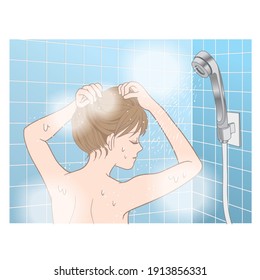 A woman taking a shower and washing her hair in the bathroom 