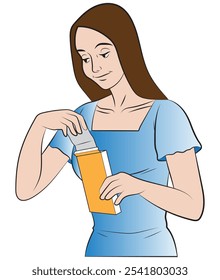 Uma mulher está tirando algo de um bando. Ilustração em cores e formato vetorial.  