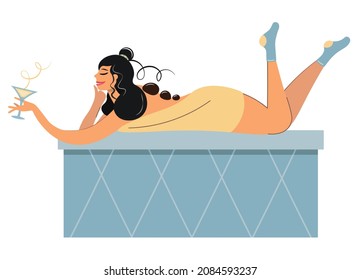 The woman is taking spa treatments. Girl relaxes on a marble slab in a sauna with a glass of wine Vector with a cute brunette. Spa - massage with hot stones to relieve stress and get rid of problems