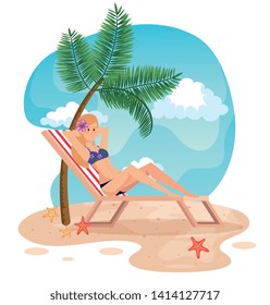 Woman Taking Sun In The Tanning Chair With Palm Tree