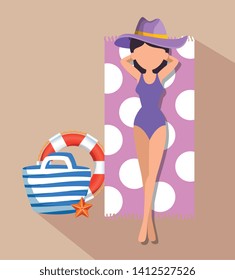 woman taking sun wearing hat with float and purse