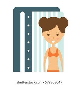 Woman Taking Tan In Solarium Cabin To Prepare For Sunbathing, Part Of Summer Beach Vacation Series Of Illustrations