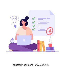 Woman taking university exam remotely and temporarily. Student writing test. Concept of online exam, online survey, testing, e-learning. Vector illustration in flat design for UI, banner, mobile app