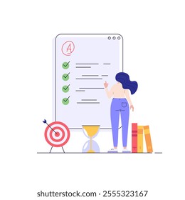 Woman taking university exam remotely. Student successfuly writing test. Concept of online exam, online survey, testing, e-learning. Vector illustration in flat design for UI, banner, mobile app