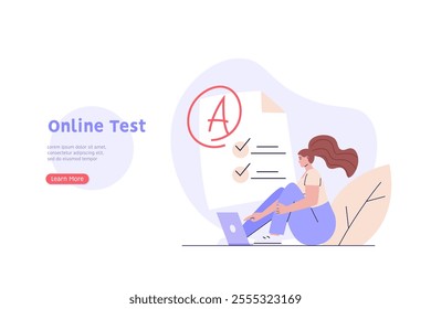 Woman taking university exam remotely. Student successfuly writing test. Concept of online exam, online survey, testing, e-learning. Vector illustration in flat design for UI, banner, mobile app