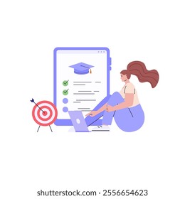 Woman taking university exam remotely. Student successfuly writing test. Concept of online exam, online survey, testing, e-learning. Vector illustration in flat design for UI, banner, mobile app