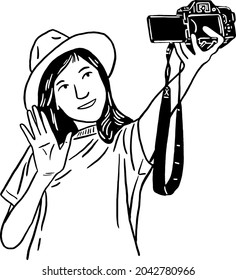 Mujer que toma Video Vlog Influencer creador de contenido Youtuber streaming en vivo Línea trazada por Hand ilustración de arte