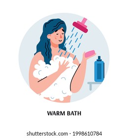 Woman taking warm shower with soap bubbles in bath room - cartoon person smiling and soaping up body while showering. Vector illustration of relaxing foam wash.