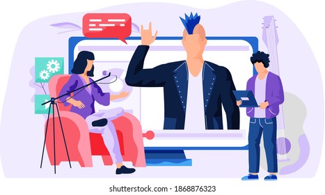 Woman talk to boy about a movie near the monitor. Man is pressing play button. A people stand and look at a rocker in a leather jacket. Girl sits in a chair next to the microphone vector illustration