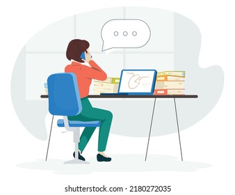 Woman talk to phone at home. Coworking worker calling. Sit back. Work at laptop