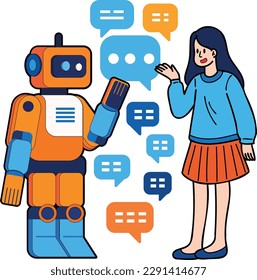 woman talking to AI robot illustration in doodle style isolated on background