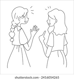 a woman talking to another woman in a dress