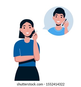 Woman talking by telephone with boyfriend. Communication and conversation with smartphone. Flat vector cartoon illustration of phone call, speaking, calling and chatting. 