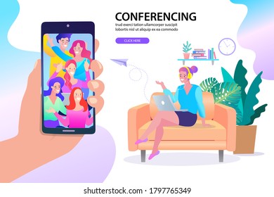 woman talking by video chat. Conference call at office. Online Interview. Vector, Illustration, flat.