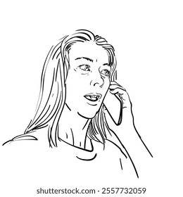 Woman talking cell phone, Hand drawn illustration, Vector sketch, Adult female portrait long hair open mouth looking aside holding smartphone to her ear