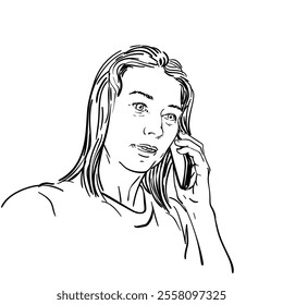 Mujer hablando teléfono celular, ilustración dibujada a mano, boceto de Vector, retrato femenino adulto pelo largo mirando cuidadosamente recto sosteniendo el teléfono inteligente a su oreja