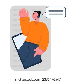 Woman talking with client via mobile phone. Hotline operators, technical global support online. 24 hour online customer support around world, hotline operators, customer service. Vector flat