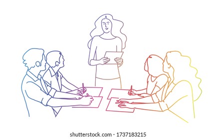Woman talking to colleagues. Business meeting at the table. Rainbow colors in linear vector illustration.