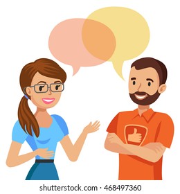 Woman talking with a computer specialist. Vector illustration