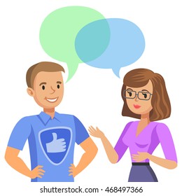 Woman talking with a computer specialist. Vector illustration