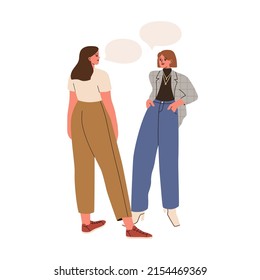 Mujer hablando, consultando con estilista de moda personal. Diálogo, consulta de cliente y profesional de estilo. Chicas hablando con burbujas de voz. Ilustración vectorial plana aislada en fondo blanco