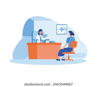 Woman Talking with Woman Doctor in Office. Patient having Consultation about Disease Symptoms with Doctor Therapist in Hospital. flat vector modern illustration 