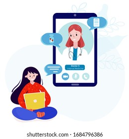 Woman talking with a doctor online from home. Concept of telemedicine, medical treatment, consultation service during pandemic. Doctor with patient meet online. Healthcare vector illustration. 