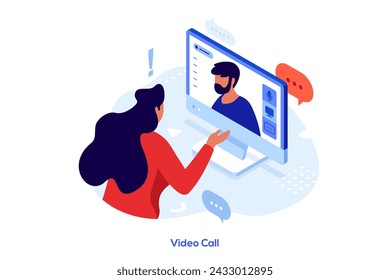 Woman talking to friend via video-chat on computer. Technology of communication. Video call concept isometric vector illustration. Couple in distant relationship cartoon characters colour composition