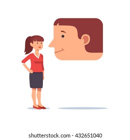 Woman talking to a friendly smiling face message speech bubble. Online relationship and remote instant chatting concept. Flat style vector illustration clipart.