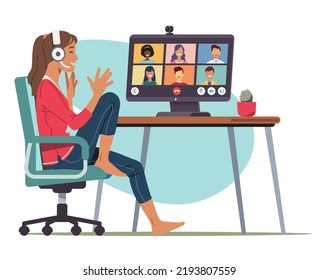 Woman talking with friends or colleagues by video conference call. Persons meeting by online chat on desktop computer screen at home table. Virtual distance communication flat vector illustration