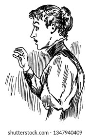 A  woman talking and gesturing with her hands, vintage line drawing or engraving illustration