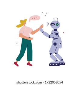 Woman talking and hands shake with robot. Concept future business illustration. Flat cartoon vector style illustration.