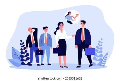 Woman talking to her boss in front of her envious colleagues. Flat vector illustration. Businesswoman succeeding in business, leaving partners behind. Success, feminism, talent, career concept