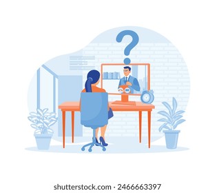 Woman talking to HR leader via computer. Online job interviews. Job interview concept. Flat vector illustration.