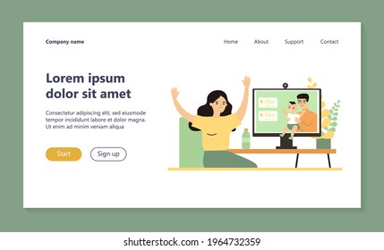 Woman talking to husband and baby through video call. New mom, chat, webcam flat vector illustration. Family, communication concept for banner, website design or landing web page