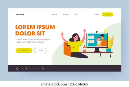 Woman talking to husband and baby through video call. New mom, chat, webcam flat vector illustration. Family, communication concept for banner, website design or landing web page