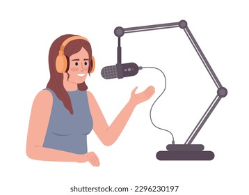 Woman talking into adjustable microphone stand semi flat color vector character. Editable figure. Half body person on white. Simple cartoon style spot illustration for web graphic design and animation