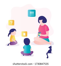 Woman talking with kids. Teacher communicate children. Education process. Relationship concept. People characters in trendy style. People are sitting on floor. Flat vector illustration