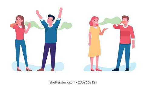 Woman talking to man with bad breath or stinky armpits. Odor from mouth. Sweaty male. Unhealthy teeth. Hyperhidrosis or halitosis. Couple conversation. Vector