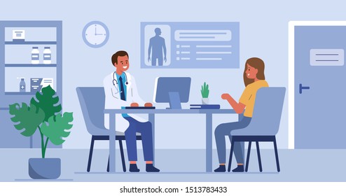 
Woman talking with man doctor in his office. Patient having consultation with doctor therapist in hospital. Male and female medical people characters. Flat cartoon vector illustration. 
