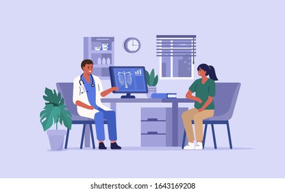 Woman Talking With Man Doctor In His Office. Patient Having Consultation With Doctor Therapist In Hospital. Male And Female Medical People Characters. Flat Cartoon Vector Illustration. 