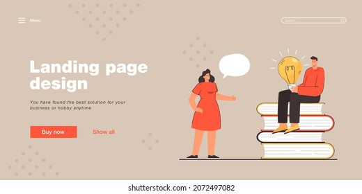 Woman talking with man sitting on heap of books. Flat vector illustration. Tiny people, pile of giant books, man holding lightbulb. Creativity, literature, imagination, idea, knowledge concept