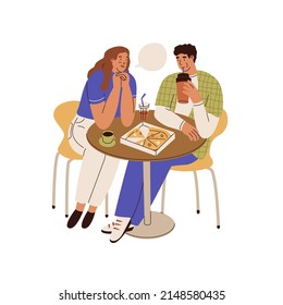Woman talking with man at a table in a restaurant. Couple eat pizza in cafe. Fast food, cafeterias of the food court in the mall, communication. Vector illustration in cartoon style. Isolated. 