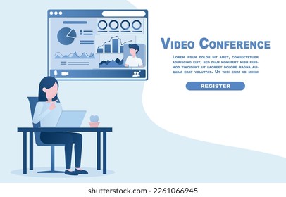 A woman talking to a man in a video conference. Discuss finances, graphs, investment graphs on the screen. Video conferencing. Remote communication and collaboration through technology. 