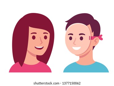 Woman talking to man who is wearing happy mask, hiding his true face. Social situations psychology vector illustration.