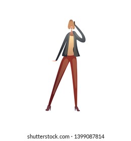 Woman talking on a cell phone. Vector illustration on white background.