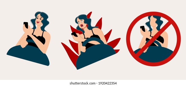 A woman talking on a cell phone while driving a car and had an accident. Road hazard concept. Isolated vector set in flat style on white background.