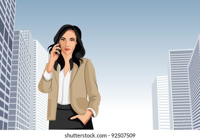 Woman talking on cellphone with city on the background