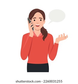 Mujer hablando en la ilustración vectorial del teléfono celular. Mujer joven se comunica por teléfono. Lady con dispositivo electrónico cerca de la interfaz de pantalla del smartphone. Ilustración vectorial plana aislada en blanco