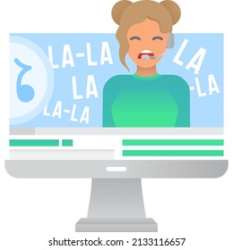 Woman talking on computer screen icon vector isolated on white background. Student or teacher in headset with microphone. Webinar online, video interview, digital learning